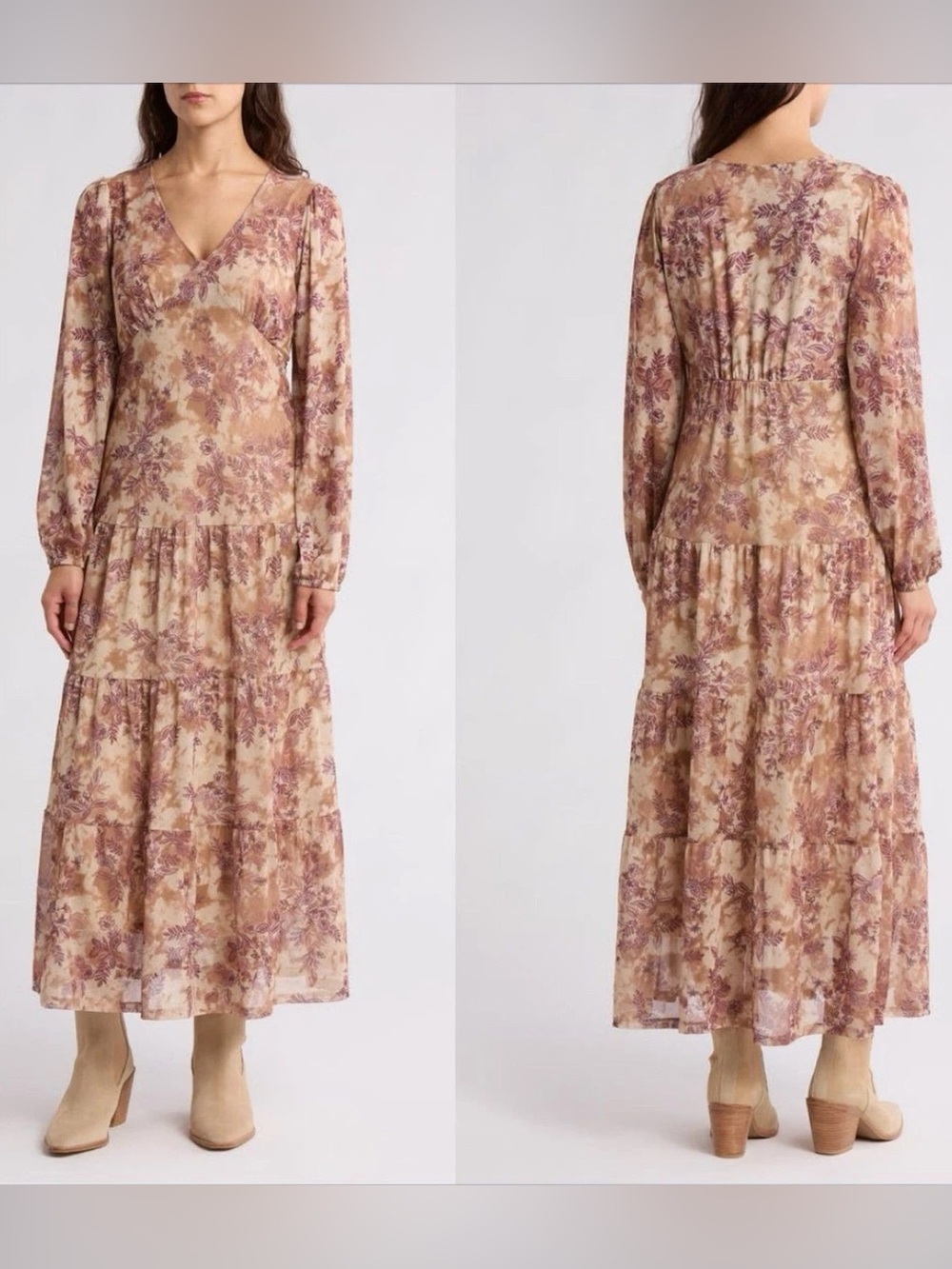 Lucky Brand Floral V-Neck Tiered Maxi Dress - Beige & Mauve
